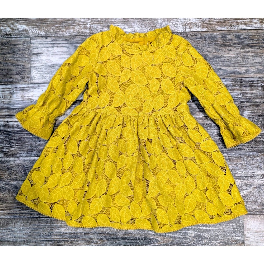 OshKosh Toddler Girls Lace Dress 4T Mustard Yellow Long Sleeve Party Easter Fall
